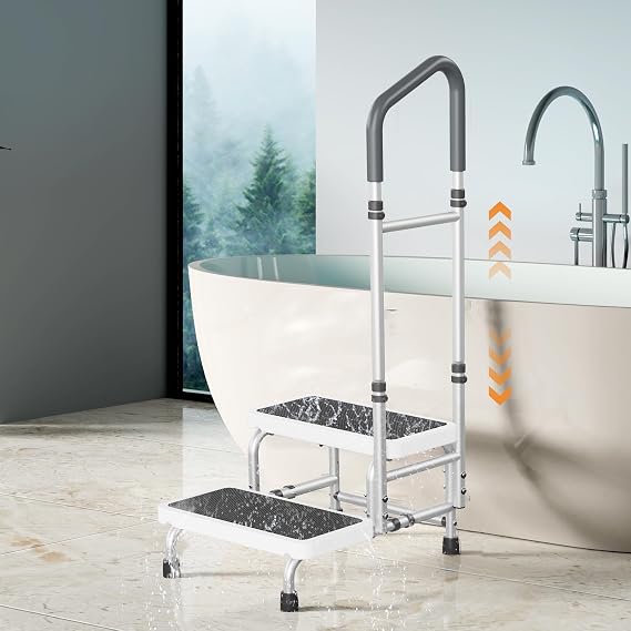 Adjustable Height 2 Step Stool with Handle & Non-Skid Platform