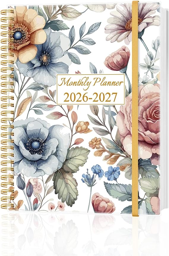 Monthly Planner 2026-2027 - Monthly Calendar from August 2026 to December 2027, 2026-2027 Planner with Inner Pocket, Elastic Band, 8.5" x 11", Color Large Flower