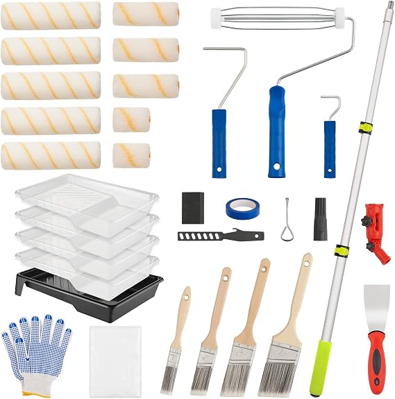 House Paint Roller Kit with Extension Pole, Home Wall Painting Supplies Set, with Paint Brush, Paint Tray, Multi-Angle Paint Brush Extender