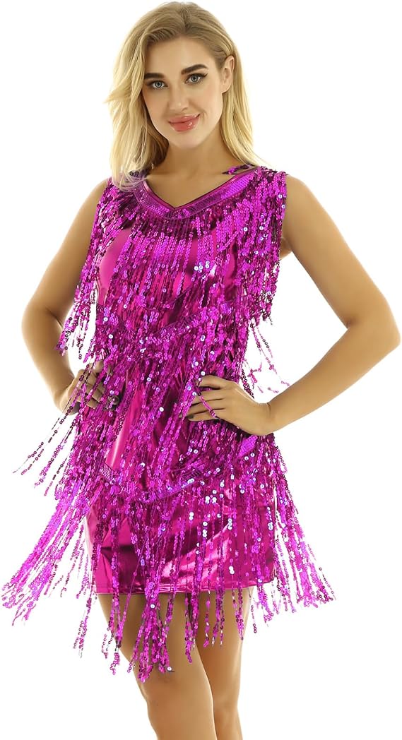ACSUSS Women Shiny Sequins Ballroom Latin Dance Dress Salsa Tango Cha Cha Costumes Dress