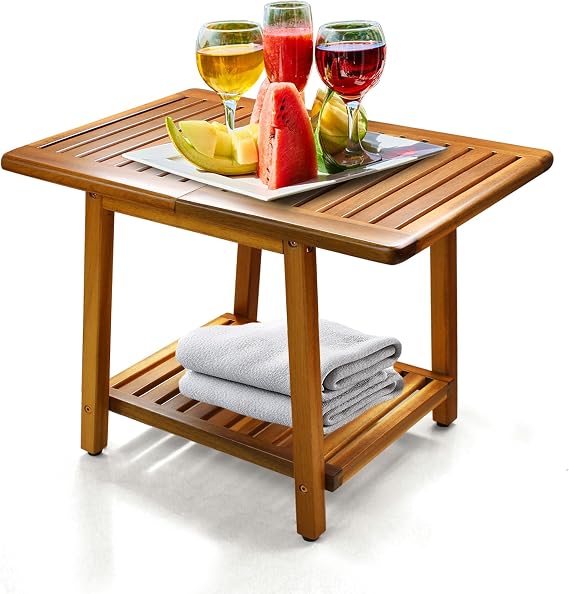 ENKEZI Acacia 24 Inches Outdoor Side Table, 2-Tier Sturdy Patio, End Table Weather Resistant, Strong Stability Side Table for Patio, Pool, Porch, Teak Finish (Acacia Brown)