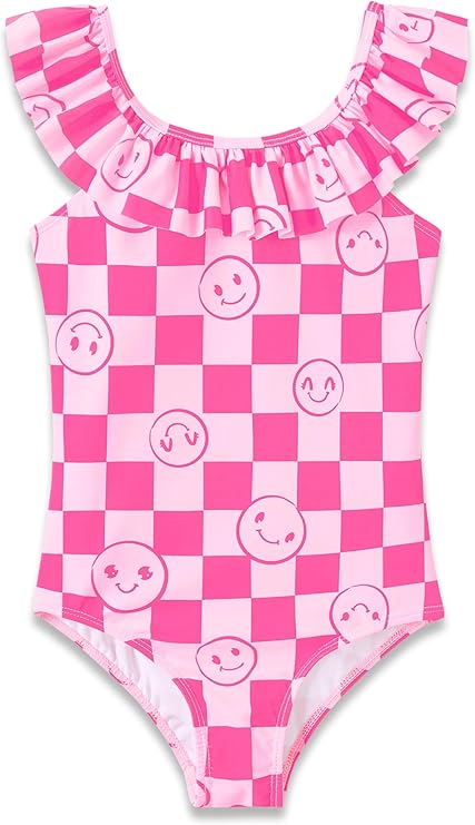 Dvenki Toddler Girls One Piece Swimsuit Adjustable Straps Sizes 2T-10 | quick-dry swim fabric, skin-friendly, ruffle neckline, leopard, check, mermaid prints, swimwear for beach, pool, summer party