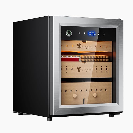 KingChii Pro 50L Electric Compression Cigar Humidor, Temperature & Humidity Control Cabinet, Built-in Fingerprint Lock with Spanish Cedar Wood Shelves & Drawer Hygrometer for Gifts-300 Capacity