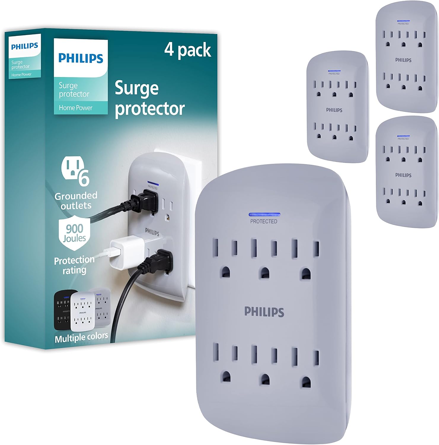 Philips 6-Outlet Extender Surge Protector, 900 Joules, 3-Prong, Space Saving Design, Protection Indicator LED Light, 4 Pack, Grey, SPP3469GR37