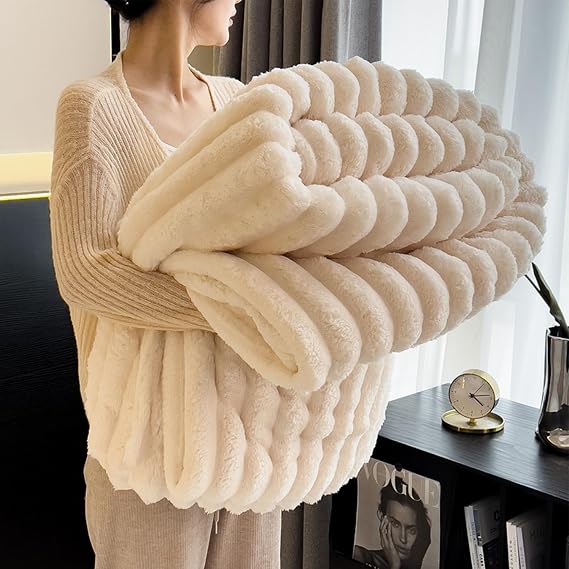 Bunny Blanket, Fleece Throw Blanket for Couch-Valentines Day Gifts for Women&Girls, Super Soft Striped Rabbit Plush Blanket, Lightweight Cozy Fluffy Throw for Sofa Bed (White,79x90inch)