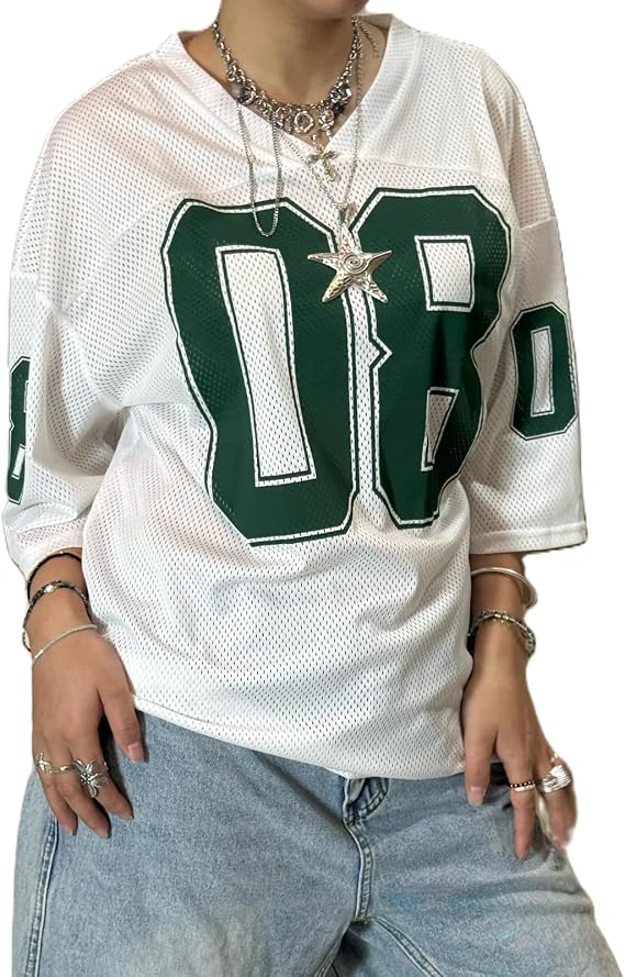 Jersey Shirts for Women Y2k Graphic Number Oversized Tees Half Sleeve Sport Casual V Neck Tshirt Tops Streetwear