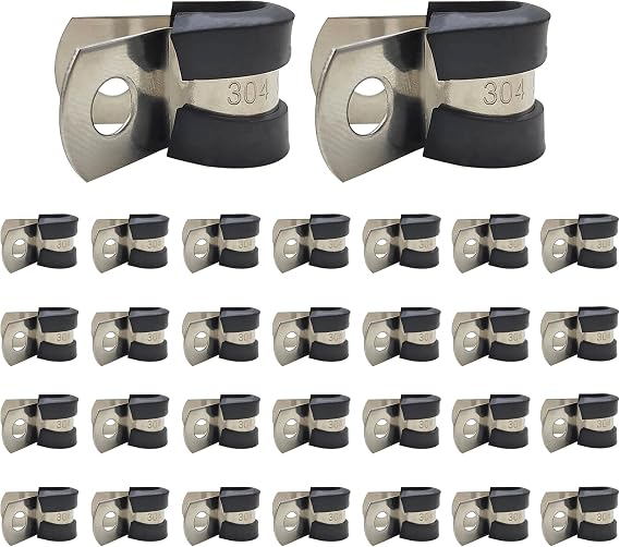 Cable Clamps Assortment Kit1/4" 5/16" 3/8" 1/2" 5/8" 3/4" 1" 304 Stainless Steel Rubber Cushion Pipe Clamps Coated Cushioned Insulated Cable Clamp,Automotive Wire Pipe Clamps (6mm 1/4 Inch)