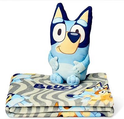 Bluey Throw & Plush Hugger Set, 50x60 Silk Touch Blanket with 3D Character Pillow Soft, Cozy Blanket for Kids and Toddlers