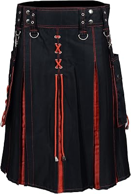 Fashion Utility Hybrid Kilt Black with Red Pleats Trendy Scottish Men Dress Highlander Sports Utility Kilt with Cargo Pockets