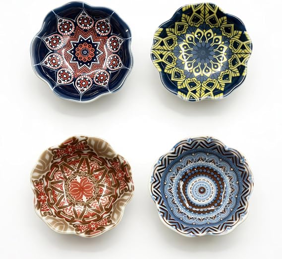 Bohemian Ceramic Dipping Bowls Set 4-3 Oz Mini Sauce Dishes