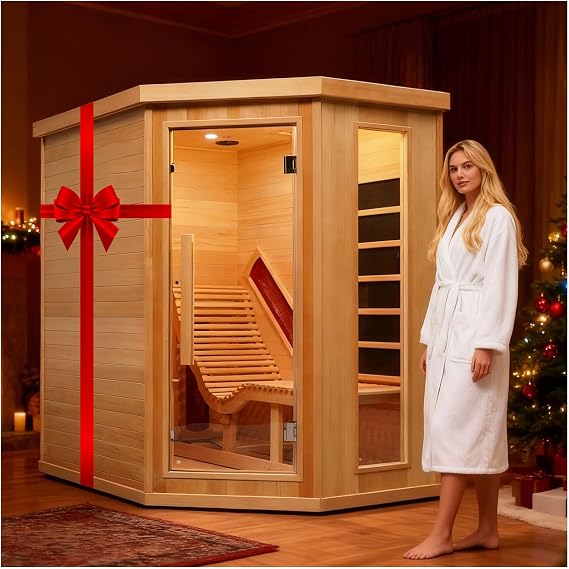 Infrared Sauna Room with Recliner, 1 or 2 Person Home Canadian Hemlock Luxurious Wooden Traditional Indoor Corner Dry Heat Sauna Room, 2300W/220V, 8 Heating Panels, 7 Color Lights, Oxygen Bar