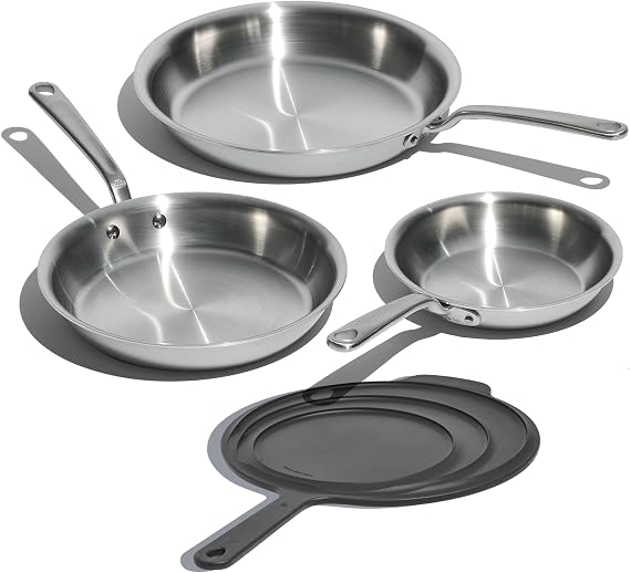 Made In Cookware - 3-Piece Stainless Clad Frying Pan Set with Universal Silicone Lid - 5 Ply Stainless Clad - Professional Cookware - Crafted in Italy - Induction Compatible