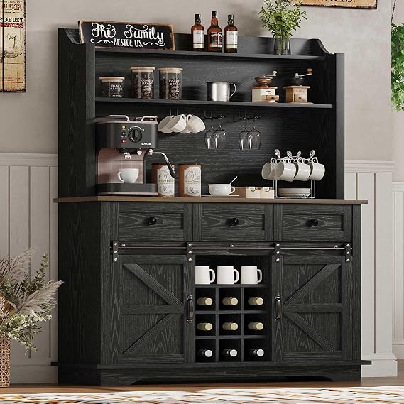 REVOMINCA 63 Inch Coffee Bar Cabinet with 3-Tier Storage, Kitchen Storage Cabinets with 3 Drawers, Farmhouse Coffee Bar with 9 Racks & 3 Glass Holders, Wine Bar for Living Dining Room, Black