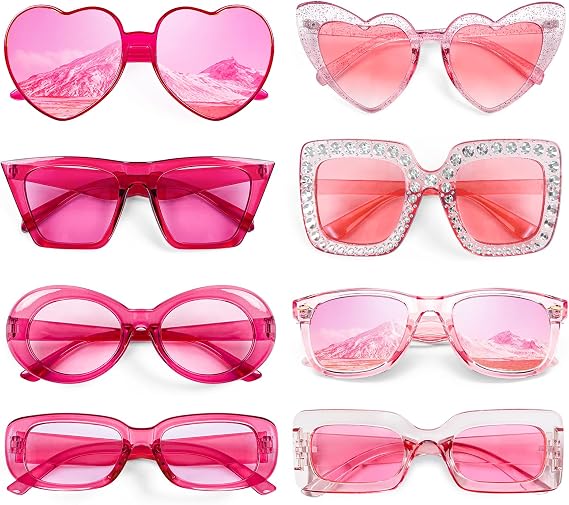 Pibupibu 8 Pack Pink/Hot Pink Sunglasses for Women, Retro Rectangle Square Cateye Oval Heart Sunglasses Party Glasses Set