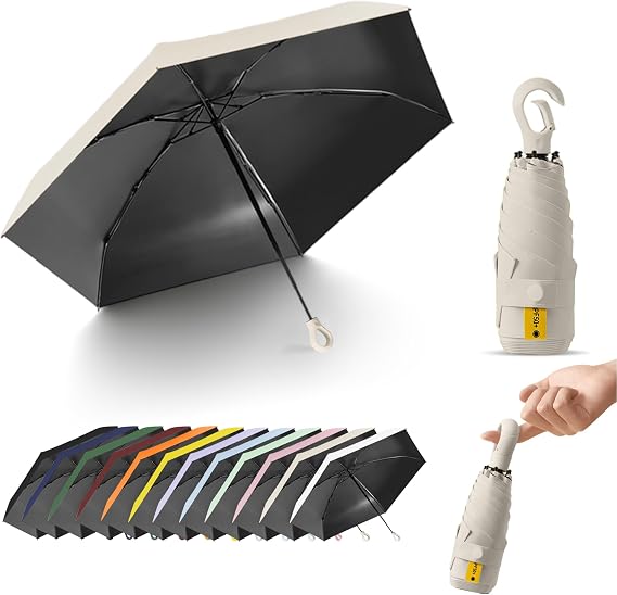 Mini Travel Folding Umbrella with Carabiner Ring Handle for Women Kids,Lightweight Compact,Portable Small,Handbag,Pocket,UV Protection,Fiberglass Ribs,Teflon coating,Rain Sun