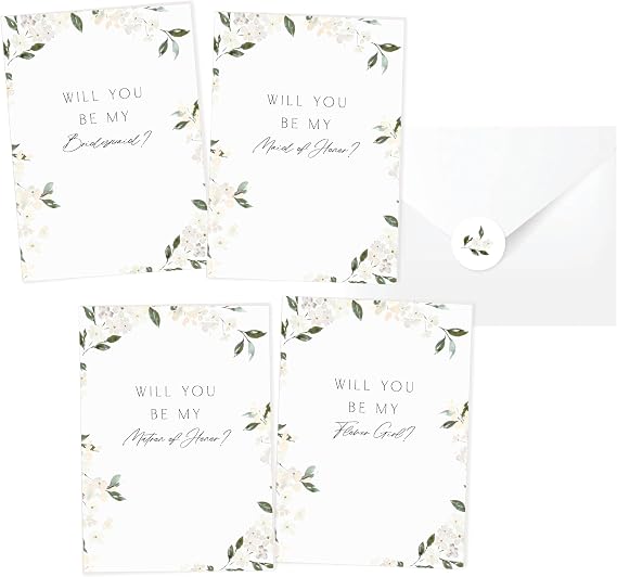 14 sets Bridal Party Proposal Cards with Envelopes and seals, 8 Will You Be My Bridesmaid card sets, 2 Will You Be My Maid of Honor card, 2 Will You Be My Matron of Honor, 2 Will You Be My Flower Girl proposal cards