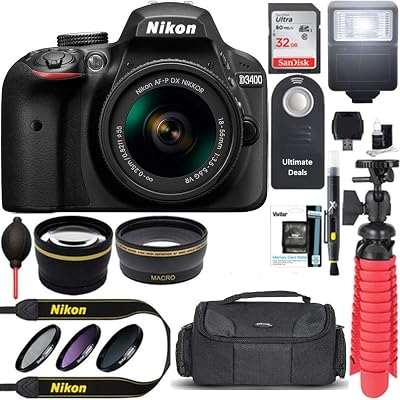 Nikon D3400 24.2 MP DSLR Camera  AF-P DX 18-55mm VR NIKKOR Lens Kit Black 32GB SDXC Memory  SLR Photo Bag  Wide Angle Lens  2X Telephoto Lens  Flash Accessory Bundle