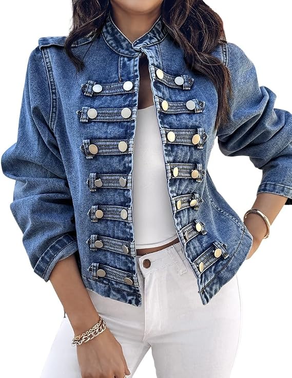 CHICME Women's Military Denim Jacket Long Sleeve Jeans Jacket