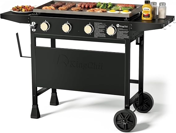 KingChii 32" 4-Burner Griddle with Counter Height Side Shelves, Powder Coated Steel, Black