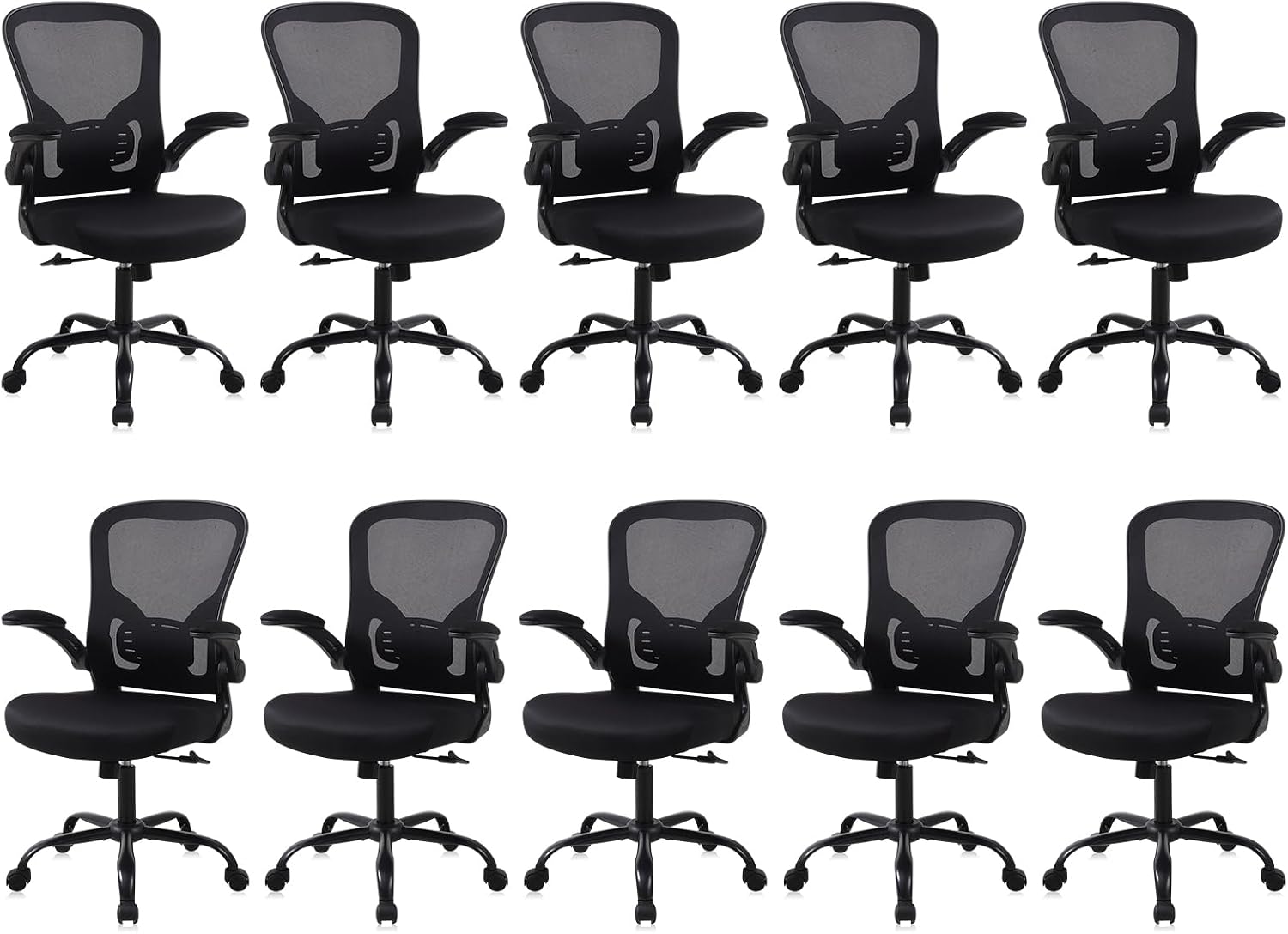 Flysky Ergonomic Home Office Desk Chair Set of 10 - Lumbar Back Support, Breathable Mesh Swivel Computer Task Chair with Wheels and Flip-up Arms, Height Adjustable, Black