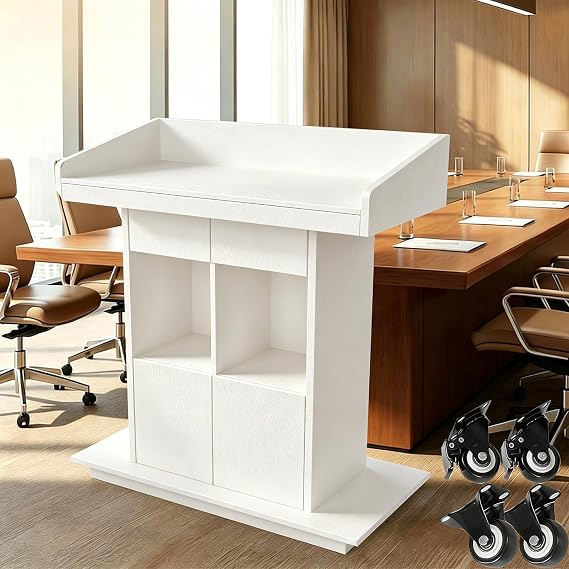 Podium Stand with Lockable Wheels, Portable Wooden Podium, Wood Speaking Lectern Stand, Pulpits Stand Church Pulpit for Conference, Office, School, Restaurant,White