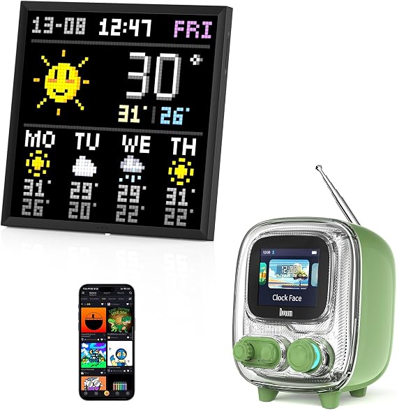 Divoom Pixoo-64, 64 X 64 LED Panel Display Frame + Divoom Tiivoo-2 Pixel Art Mini TV Retro Bluetooth Speaker with FM Radio Green