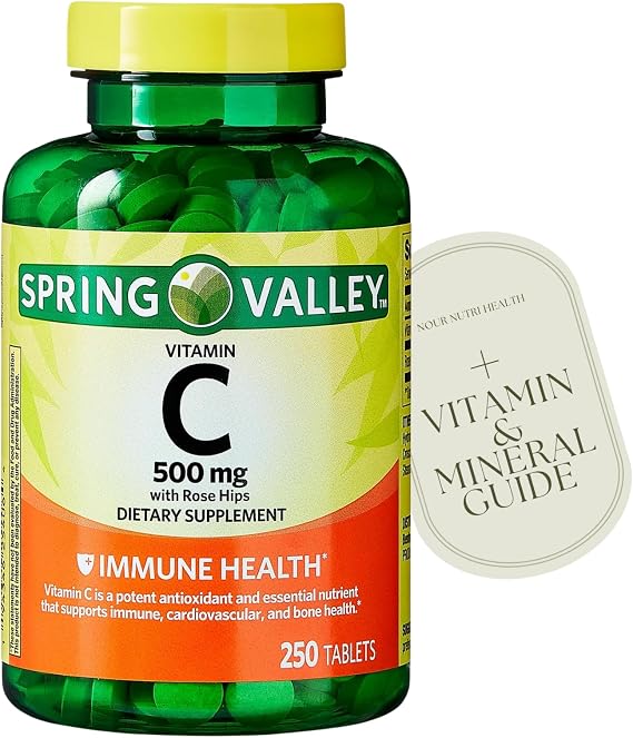 250 Count Vitamin C 500mg with Rose HIPS Tablets Dietary Supplement, Antioxidant Protection, 250 Tablets + Vitamin Guide Included