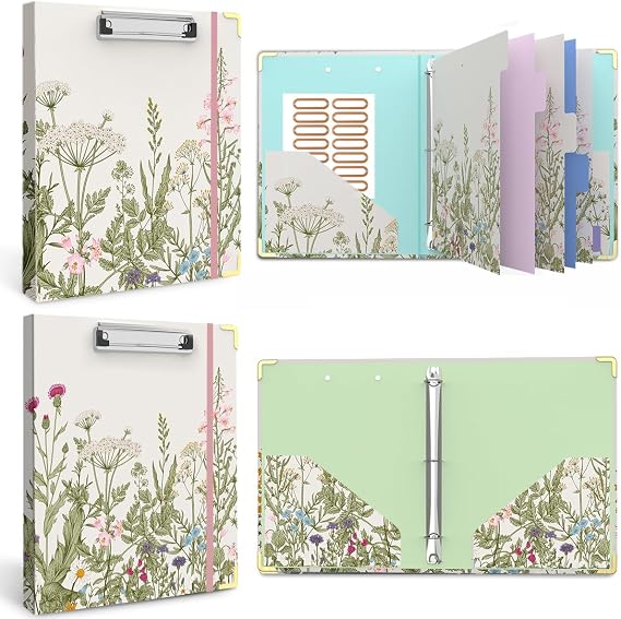 3 Ring Binder 1 Inch, Cute Round Ring Binders with 6 Tab Dividers, Labels Stickers, Low Profile Clipboard with Storage(Garden Flower), and 1'' Binder, Cute Decorative Hardcover(Garden Flower)