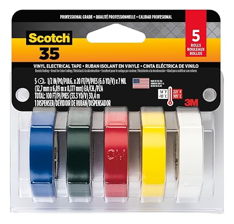 Scotch Vinyl 35 Electrical Tape, 5 Rolls, Multi-Color Pack, Ideal for Cable Jacket Repair & Electrical Insulation, Premium Vinyl Material for Durability, Indoor & Outdoor Use, High Adhesion (10457DC)