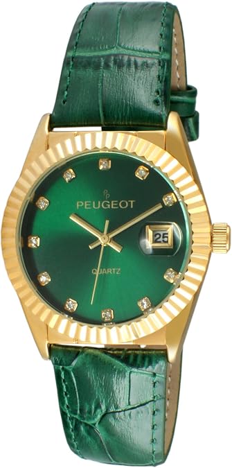 Peugeot Women's Dress Quartz Watch with Coin Edge Bezel, Date Window & Leather Band