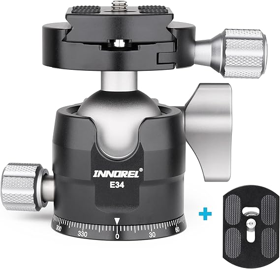 Low Profile Tripod Ball Head-INNOREL 360Panoramic CNC Metal Camera Tripod Ballhead with 1/4" Arca Swiss Universal Quick Release Plate for Tripods,Monopod,DSLR Cameras,Camcorder,Max Load 16kg (E34)