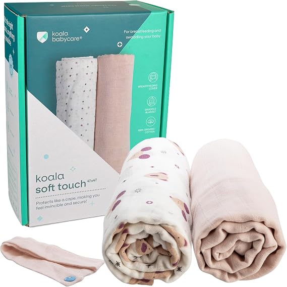 Koala Babycare Organic Muslin Swaddle Blankets for Newborns GOTS & Oeko-TEX Certified - 2 Pack Soft Cotton Baby Blanket 47 x 47 inches - Lightweight, Breathable, and Safe for Boys and Girls