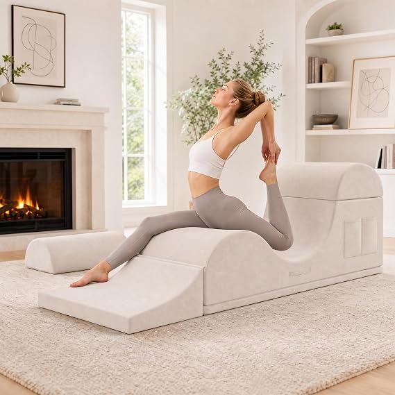 Mjkone Corduroy Yoga Chaise for Adult, Chaise Lounge Chair Indoor with Side Pockets, Headrest, Waist Cushion, Movable Footrest, Curved Yoga Sofa for Relaxation Stretching for Bedroom, Biege