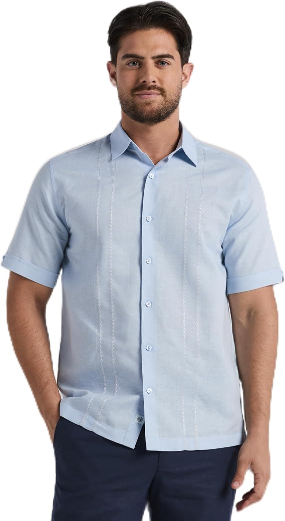 Cubavera Men's Embroidered Panel Short Sleeve Linen-Blend Shirt