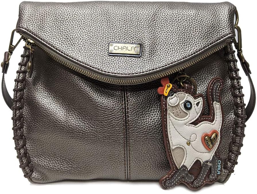 CHALA Charming Crossbody Bag Shoulder Handbag With Flap Top and Zipper Navy/Pewter (Coin Purse_ White Cat)