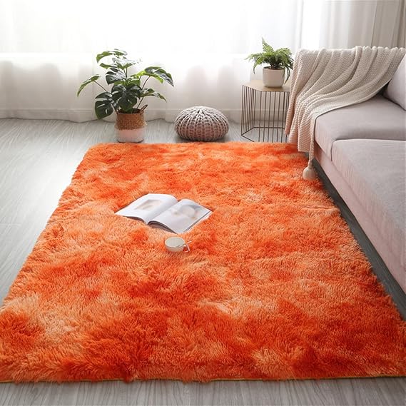 Lifup Fluffy Area Rug for Living Room Bedroom Tie Dye Orange 3.9x5.2 FT | Non-Slip Washable High Pile Rectangle Carpet, Non-Shedding Modern Soft Cozy Plush Shaggy Rug for Home Dorm Decor Aesthetic