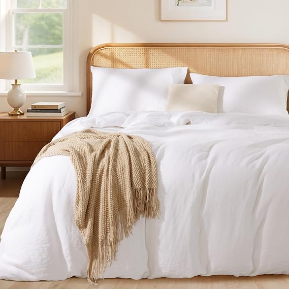 LBRO2M 100% France Linen Duvet Cover Set 3 Pcs Including 1 Flax Comforter Cover with Zipper Closure, 2 Pillowcase, Cozy Duvet Cover Queen Size, White