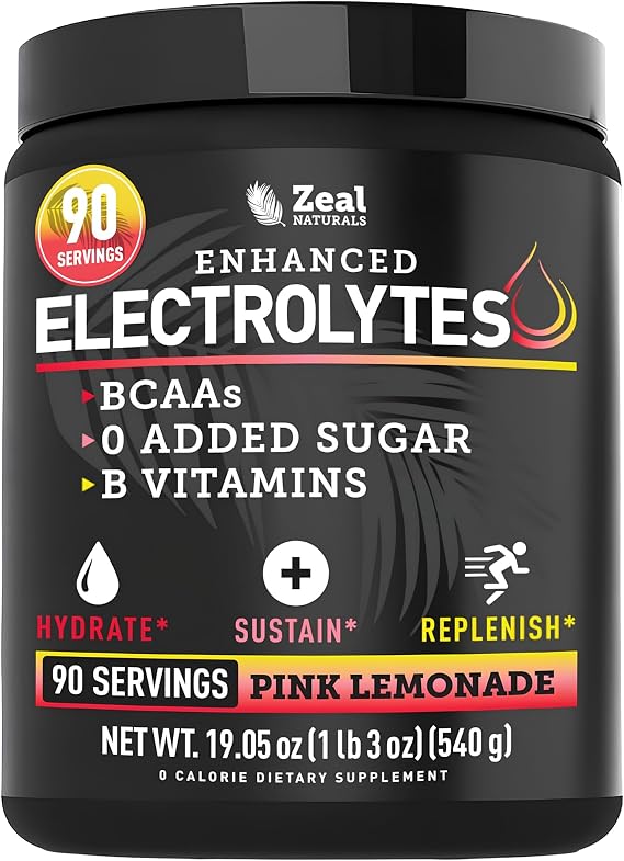 Zeal Naturals Electrolyte Powder - 90 Servings | Keto Electrolytes Powder | Zero Sugar, BCAAs, B-Vitamins | Potassium, Zinc, Magnesium | Hydration Powder Recovery Drink | Pink Lemonade