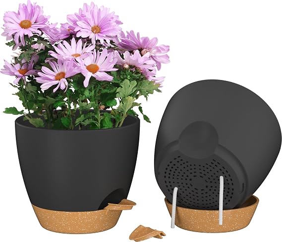 ZMTECH 8 Inch Flower Pots Set of 2 for Indoor Plants Self Water Pots with Drain Hole and Saucer for Outdoor Plants Black and Brown