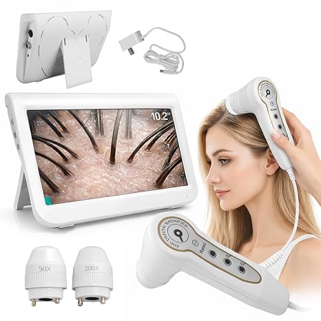 Scalp Skin Analysis Machine, 10.2 Inch Skin Diagnosis Hair Analyzer with 50x 200x Lens for Nails Hair Blackheads Beards (US Plug)