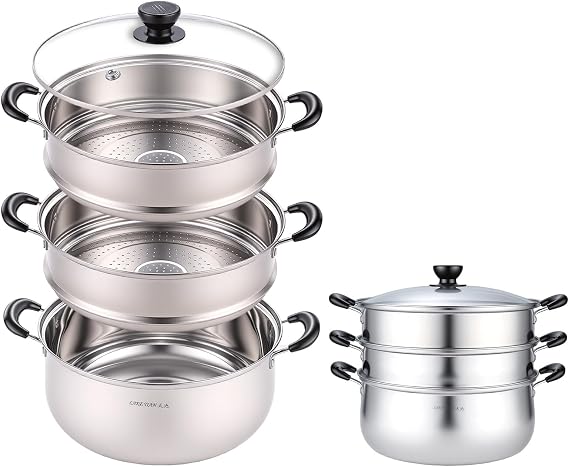 3-Tier 24 Qt Stainless Steel Steamer Pot with Glass Lid Multi-Layer Stackable Cookware for Tamales, Vegetables & Seafood Includes 2 Steamer Trays & Base Pot(30cm/11.8Inch)
