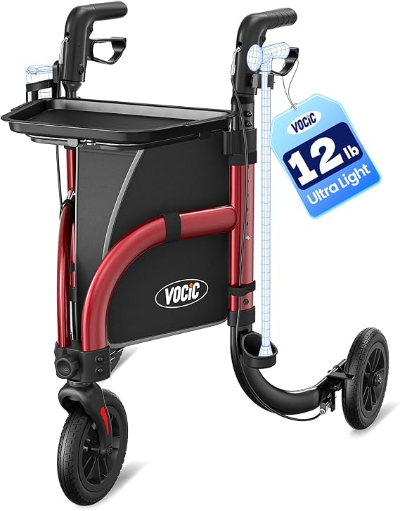 VOCIC 3 Wheel Walkers for Seniors,Z25 Pro Foldable Rollator with 8" Airless Tires & Non-Slip Tray, Cane Holder & Cup Holder, Lightweight Three Wheel Rolling Walker Height Adjustable, Supports 300 lbs
