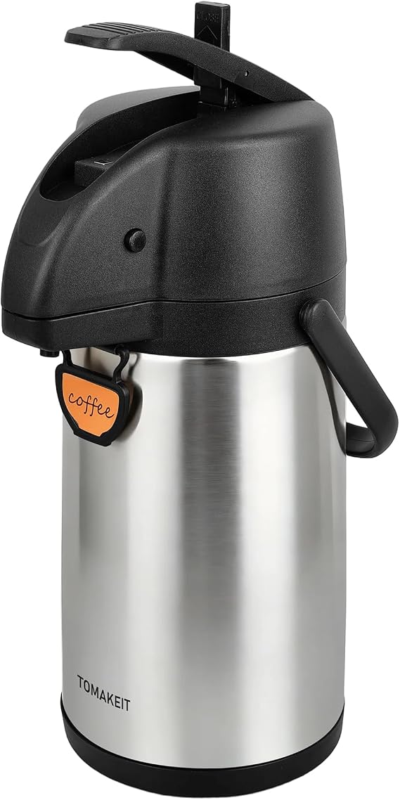 Compact 1.9L (64oz) Airpot Coffee Dispenser with Pump Small Stainless Steel Thermal Carafe for Hot/Cold Water, Space-Saving Insulated Coffee Server for Home, Office Desk & Daily 1-3 Person Use