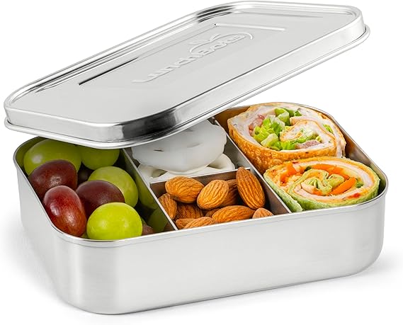 LunchBots Small Protein Packer Bento Box - Extra Small Divided Stainless Steel Snack Container - 4 Sections for 1-2oz of Nuts, Meat, Cheese, Finger Foods - Dishwasher Safe - Stainless Lid