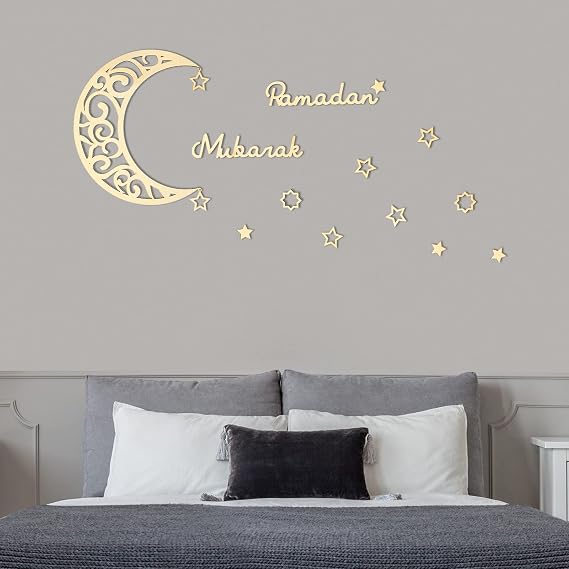 Yalikop 15 Pcs Ramadan Wall Decor Wooden Ramadan Mubarak Sign Moon Star Wall Art Decorations for Home Eid Islam Muslim Party Accessories(Wood Color)