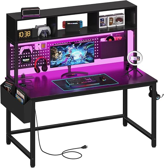 DLisiting Black Gaming Desk with Hutch and Pegboard - 47 Inch Gaming Desk with Shelves Storage Power Outlets, Computer Teen Work Study Writing Desks for Bedroom Home Office