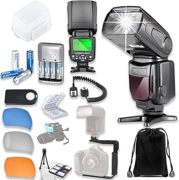 TTL Speed Light Flash for Nikon DSLR Cameras Soft Case + TTL Cord + Flash L-Bracket + Flash Diffusers + 4 High Capacity AA Rechargeable Batteries & Charger + Accessory Bundle