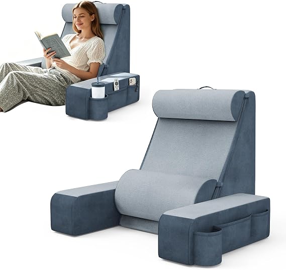 Reading Pillow for Bed with Detachable Armrests, Headrest & Lumbar Support