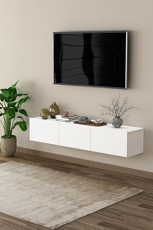 ASRA TREND Parlak Beyaz T-27 Duvara Monte TV Ünitesi - 160 cm Genişlik, 3 Kapaklı Askılı TV Sehpası,%100 MDFLAM, Modern Yüzer Tasarım