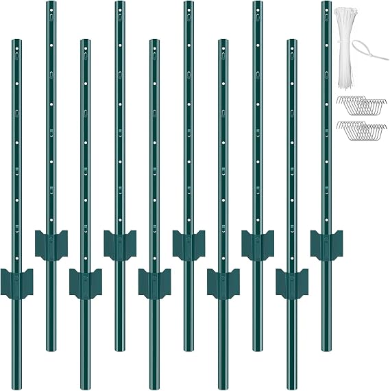 VEVOR 3 Foot Fence Posts Pack of 10 T Posts Heavy Duty Metal Fence Posts Sturdy Steel Fence Posts for Garden Yard Lawn Farms and Outdoor Chain Link Fences Green